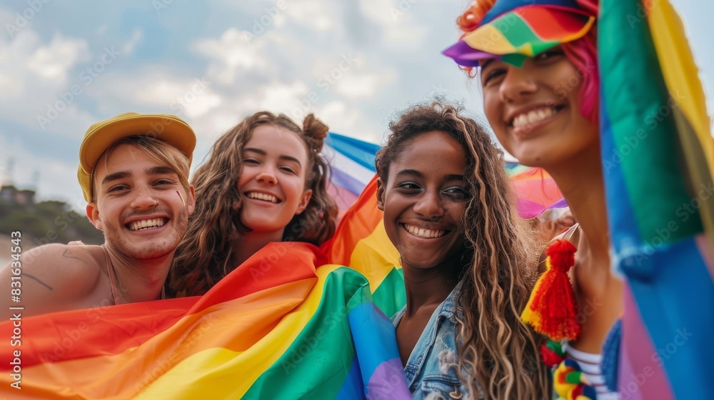 Diverse group of friends celebrating pride with rainbow flags, smiling and enjoying the outdoors under a partly cloudy sky. Diverse group of friends celebrating pride with rainbow flags, smiling and enjoying the outdoors under a partly cloudy sky.