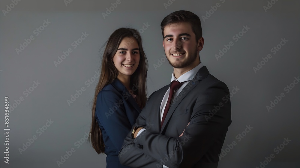 Business partners posing in front of gray background looking at camera and smiling : Generative AI Business partners posing in front of gray background looking at camera and smiling : Generative AI