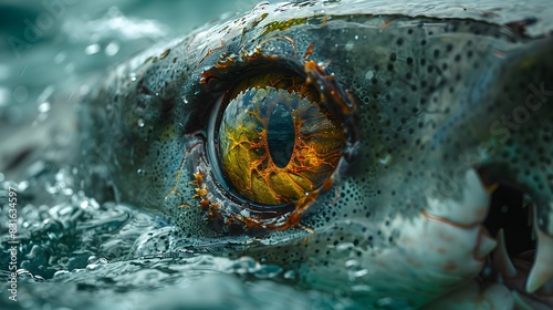 A close-up of a shark's eye, highlighting its detail and intensity as it moves through the water. HD 8K background wallpaper with a realistic look, captured by an HD camera