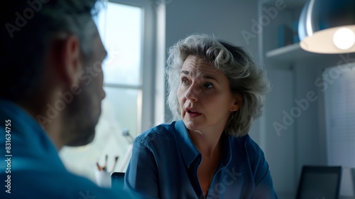 Wallpaper Mural Female discussing new project with male colleague Mature woman talking with young man in office : Generative AI Torontodigital.ca