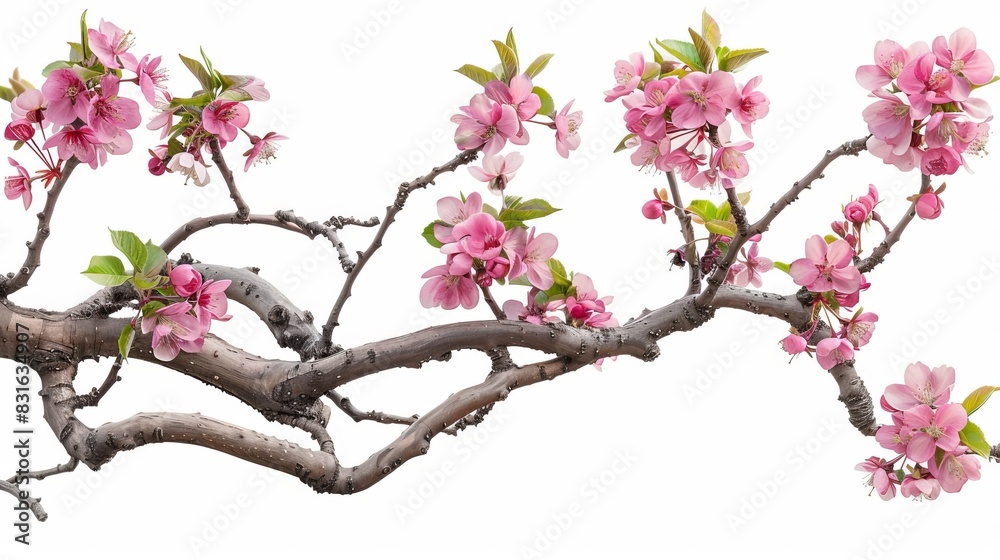 Close-up of a blossoming cherry tree branch with vibrant pink flowers and green leaves isolated on a white background. Close-up of a blossoming cherry tree branch with vibrant pink flowers and green leaves isolated on a white background.