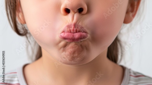 Close-up of a child making a funny face by puffing out cheeks and pursing lips, capturing a playful and joyful moment. photo