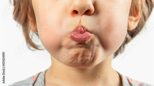 Close-up of a playful child making a funny face with puckered lips and cheeks, creating a humorous and adorable expression. photo