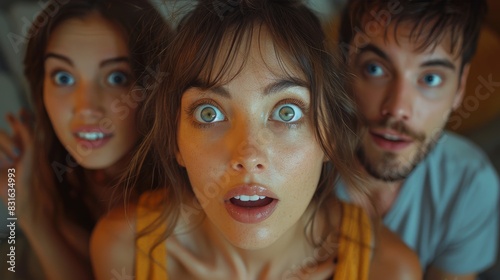 a woman with blue eyes and a man with a surprised look on her face