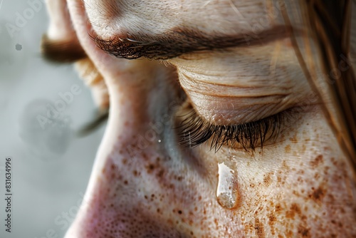 Close-up of a person's tearful eye with freckled skin, evoking deep emotion and sadness with a visible tear streaming down their cheek. photo