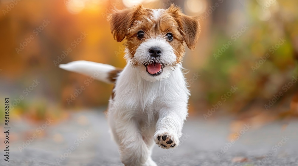 a small dog running on a road in the fall