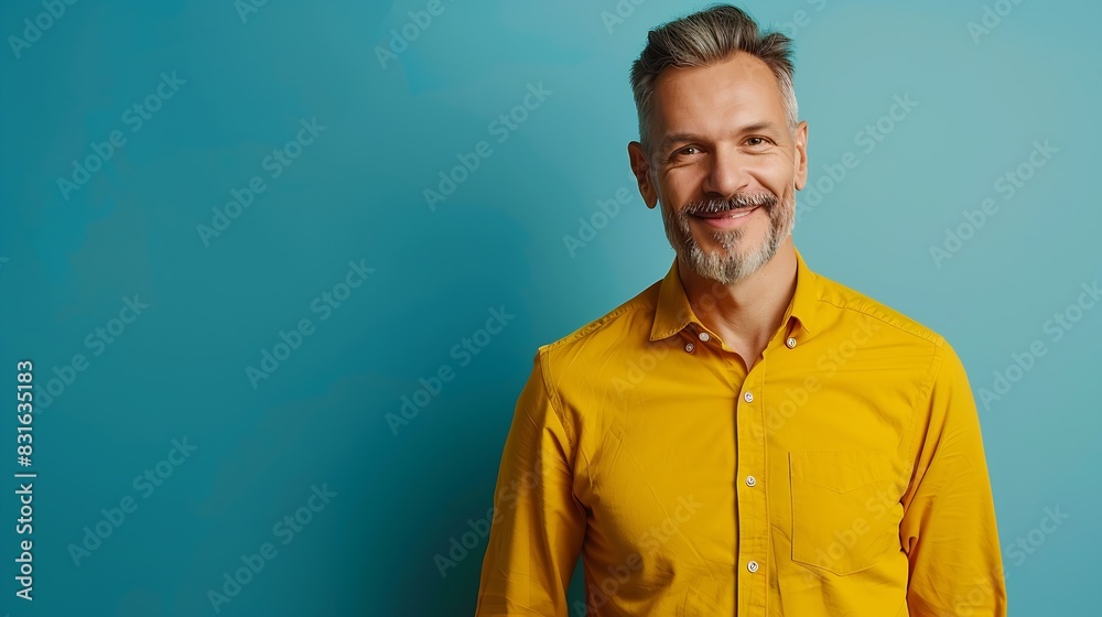 Portrait of charming mature man true boss feel content emotions wear yellow shirt isolated over blue color background : Generative AI Portrait of charming mature man true boss feel content emotions wear yellow shirt isolated over blue color background : Generative AI