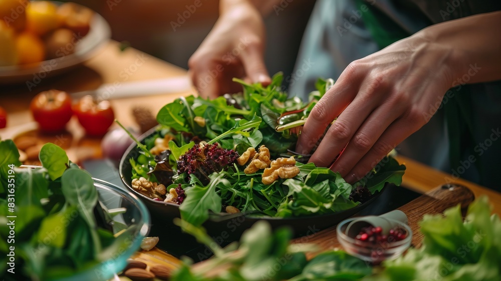Hands preparing a fresh green salad with walnuts and cranberries in a bowl on a wooden table, surrounded by ingredients in a cozy kitchen setting. Hands preparing a fresh green salad with walnuts and cranberries in a bowl on a wooden table, surrounded by ingredients in a cozy kitchen setting.