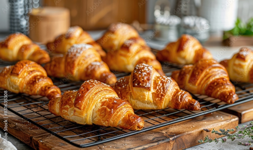 Golden brown freshly baked croissants on a cooling rack Golden brown freshly baked croissants on a cooling rack