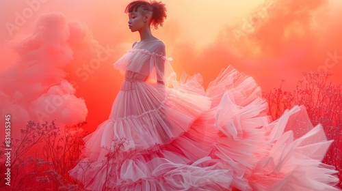 a woman in a pink dress standing in a field