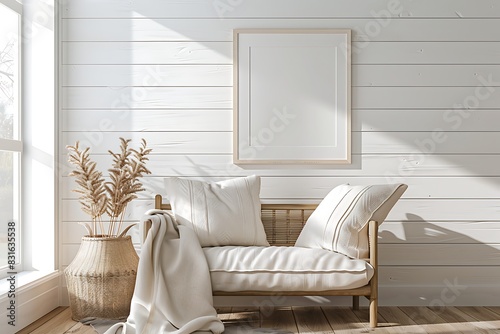 Frame mockup with a minimalist line art piece  set against a white shiplap wall in a bright living space.