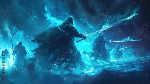 In this fantasy battle, a robed hero fights against a group of evil troops with a sword that emits blue lightning. For a medieval-style war game background. photo