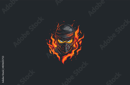 Ninja head with flames onfire design vector illustration