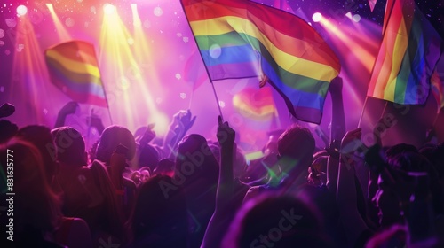 Colorful celebration with people waving rainbow flags in an energetic, vibrant atmosphere under bright lights in a festive environment.