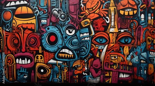 A close-up shot of a graffiti-covered wall  emphasizing the vibrant colors and detailed artwork  captured by an HD camera to appear lifelike.