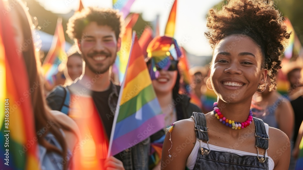 Cheerful group of people waving rainbow flags at a pride parade, celebrating diversity, inclusion, and LGBTQ+ rights. Cheerful group of people waving rainbow flags at a pride parade, celebrating diversity, inclusion, and LGBTQ+ rights.