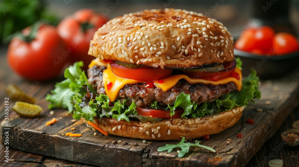 a hamburger with cheese, tomato, and lettuce on a wooden board a hamburger with cheese, tomato, and lettuce on a wooden board