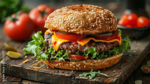 a hamburger with cheese  tomato  and lettuce on a wooden board