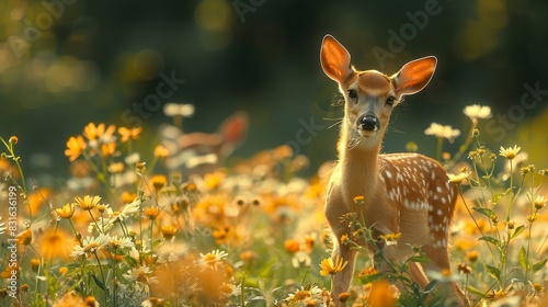 a fawn in a field of flowers with a blurry background © LUPACO IMAGES