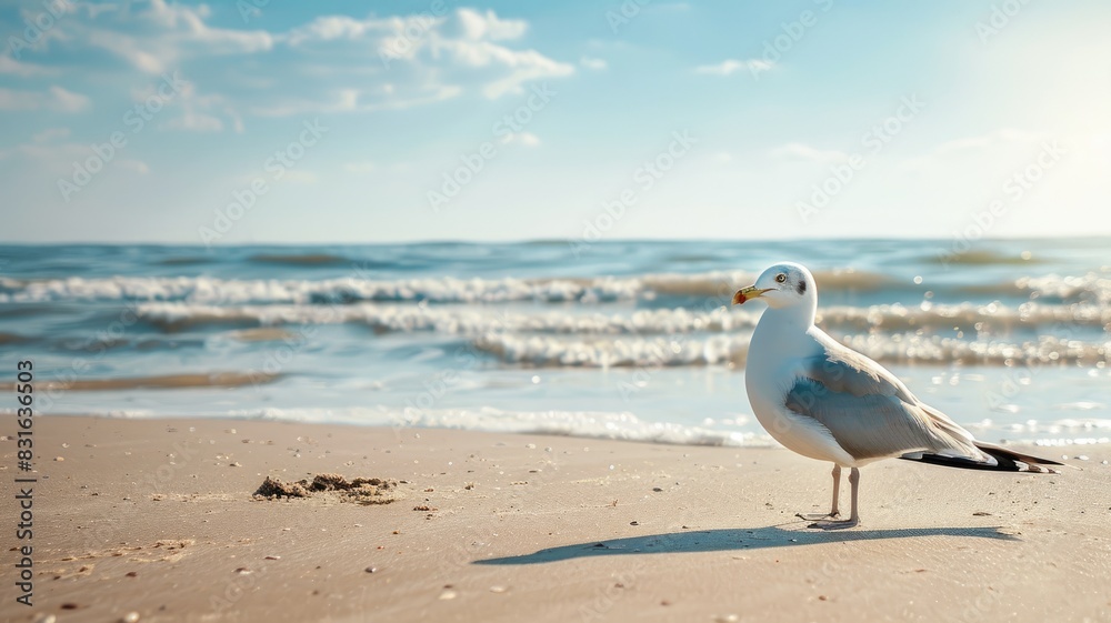 Seagull standing on sandy beach with waves in background Seagull standing on sandy beach with waves in background
