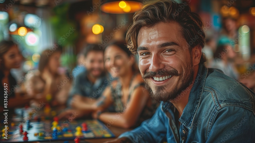 a man smiling while sitting at a table with a board game