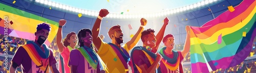 A vibrant group of diverse people celebrating with pride flags in a stadium during an event filled with energy and joy. photo