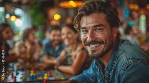a man smiling while sitting at a table with a board game