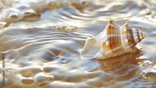 Sea shell on wet sandy beach with gentle waves photo