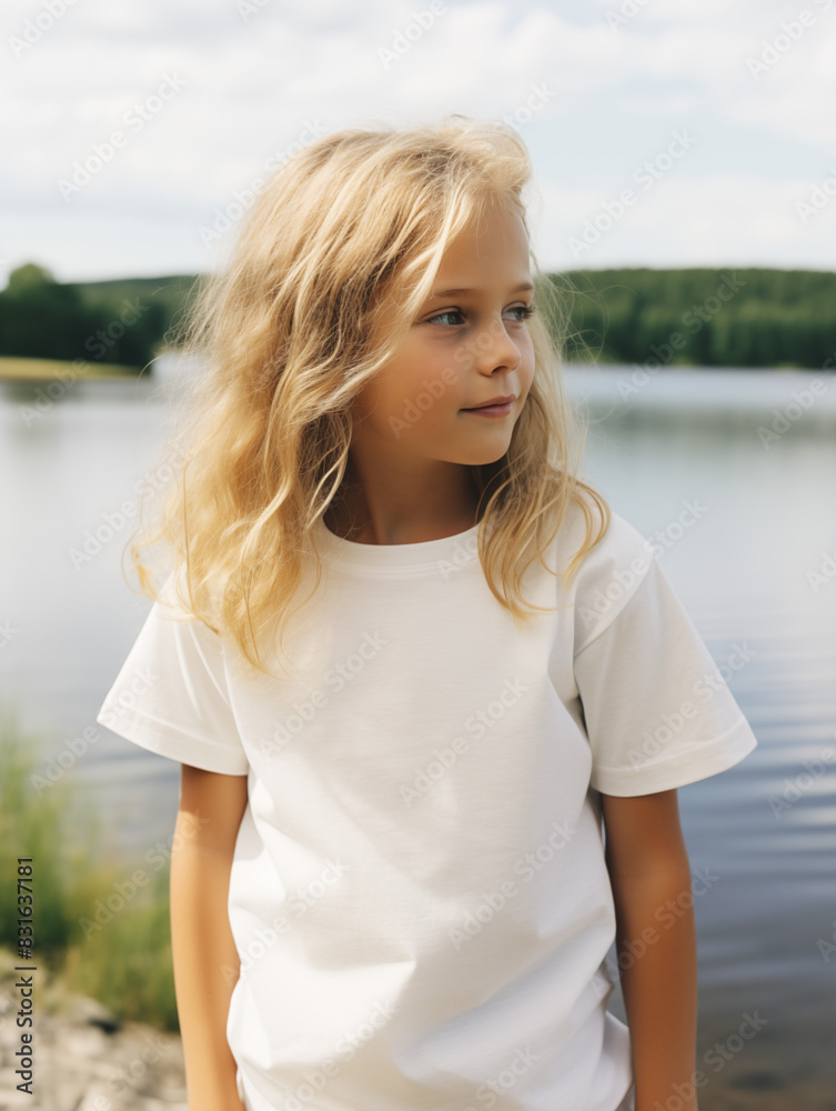 Young girl child kid white tee t-shirt t shirt mockup mock-up, mock up at the lake Young girl child kid white tee t-shirt t shirt mockup mock-up, mock up at the lake