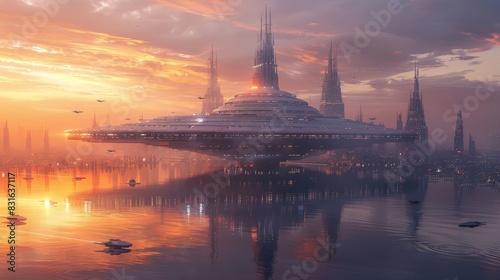 a futuristic city with a large ship in the middle of the water photo