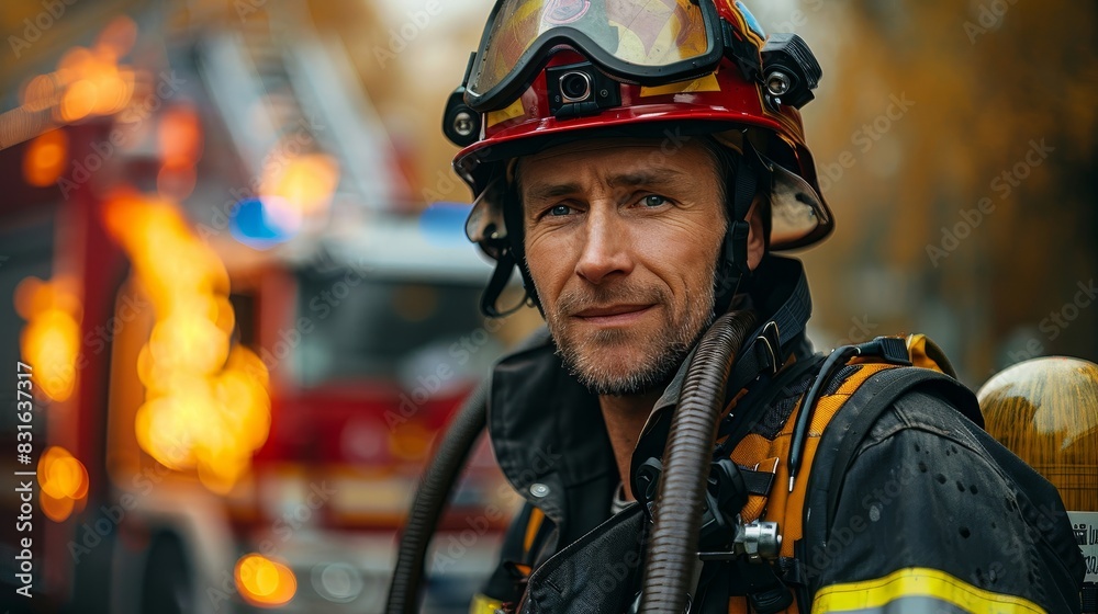 a fireman in a helmet and goggles standing in front of a fire a fireman in a helmet and goggles standing in front of a fire