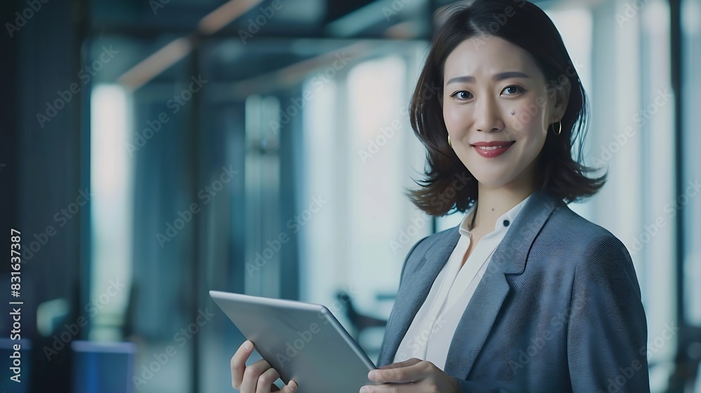 Smiling young Asian business woman leader holding digital tablet standing in office Professional executive manager or saleswoman using corporate technology looking at camera Portrait : Generative AI Smiling young Asian business woman leader holding digital tablet standing in office Professional executive manager or saleswoman using corporate technology looking at camera Portrait : Generative AI