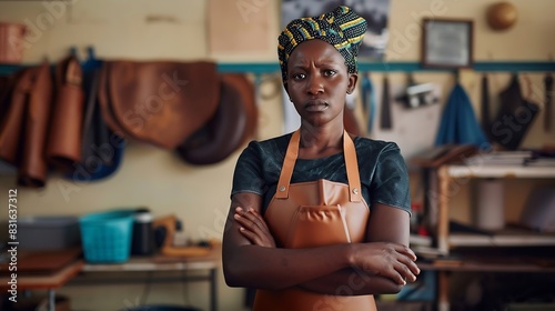 Young African female leather worker standing in her studio : Generative AI photo