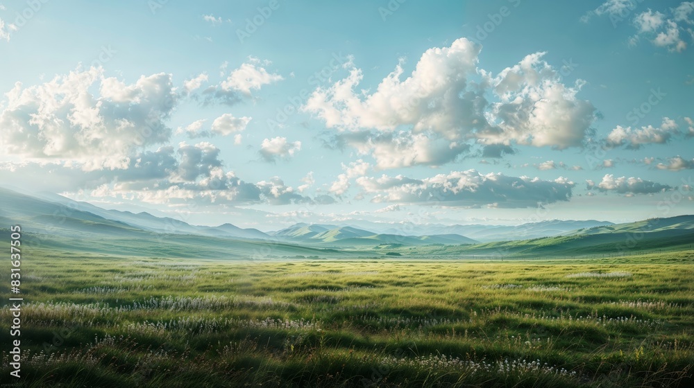 A peaceful sunrise illuminates vast green fields with rolling hills in the distance under a sky dotted with clouds