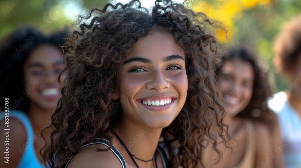 a smiling woman with curly hair and a group of other women a smiling woman with curly hair and a group of other women