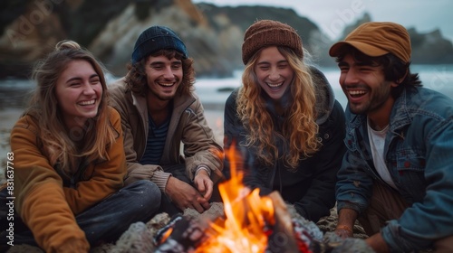 a group of friends sitting around a campfire on the beach