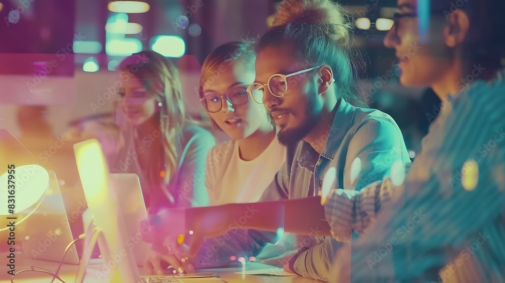 Group of positive business colleagues working together on project in modern coworking : Generative AI