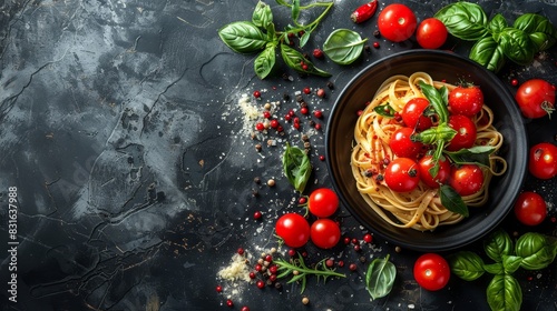 a bowl of spaghetti with tomatoes and basil on a black table