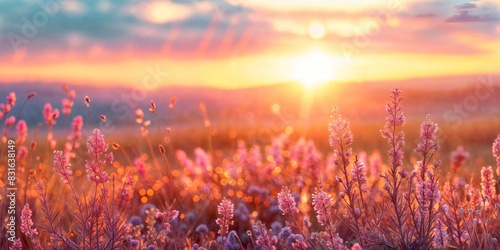 A field of colorful flowers with the golden sun setting in the background