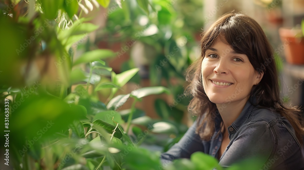 Portrait happy female business owner with houseplant in garden shop : Generative AI Portrait happy female business owner with houseplant in garden shop : Generative AI
