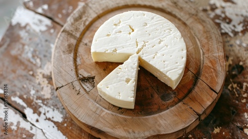 Healthy Spanish dish of fresh cheese served on a wooden platter captured from above