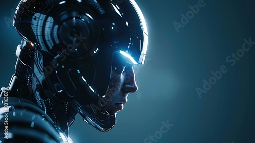 A side view of a futuristic artificial robot on a dark blue background. Future technology science fiction artificial intelligence. Copy space for add text.