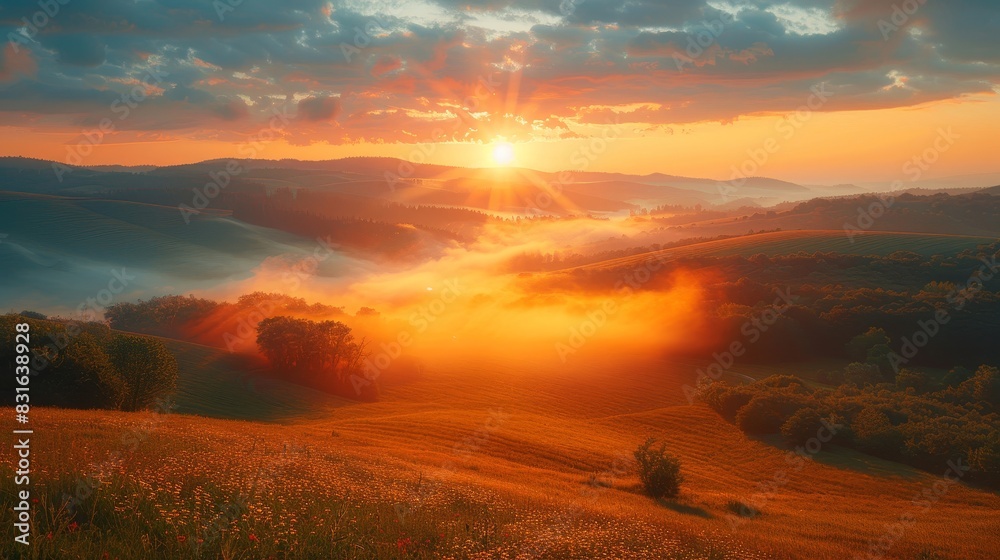 a sunset over a field with a lone tree in the foreground a sunset over a field with a lone tree in the foreground