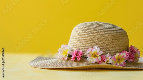 Straw hat with colorful flowers against yellow background