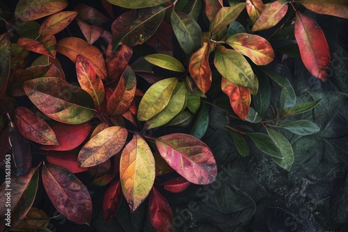 A close up of colorful leaves against a dark background