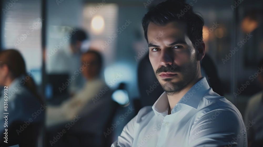 Handsome young business man standing confident in the office in front of his team : Generative AI Handsome young business man standing confident in the office in front of his team : Generative AI