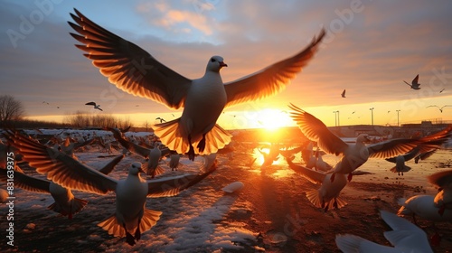 A view of flocks of migratory birds in winter, flying across the sky at sunset. photo