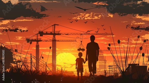 : Emotional illustration of a boy and father with construction cranes at sunset, portraying the concept of paternal influence and familial connection. photo