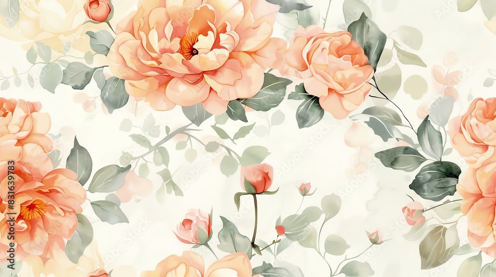 Fototapeta premium seamless pattern pastel watercolor floral with roses and leaves