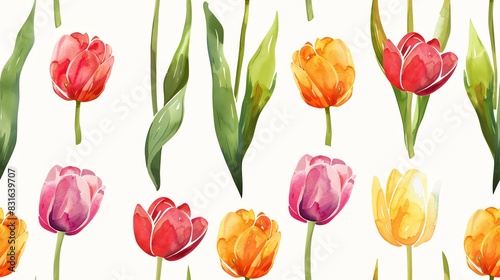 seamless pattern flat watercolor tulips and stems bright vibrant colors © Oranee 